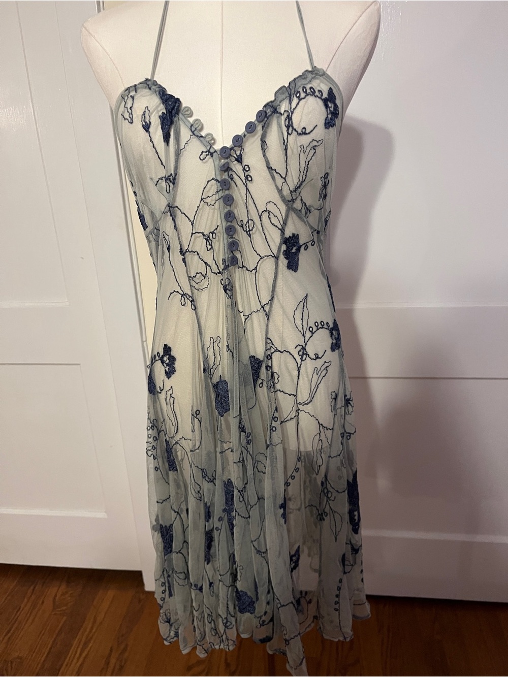 GHOST London Sheer Floral Halter Dress – Embroidered Mesh & Button Front